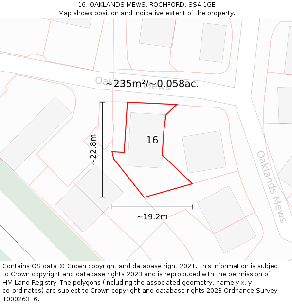 16, OAKLANDS MEWS, ROCHFORD, SS4 1GE: Plot and title map