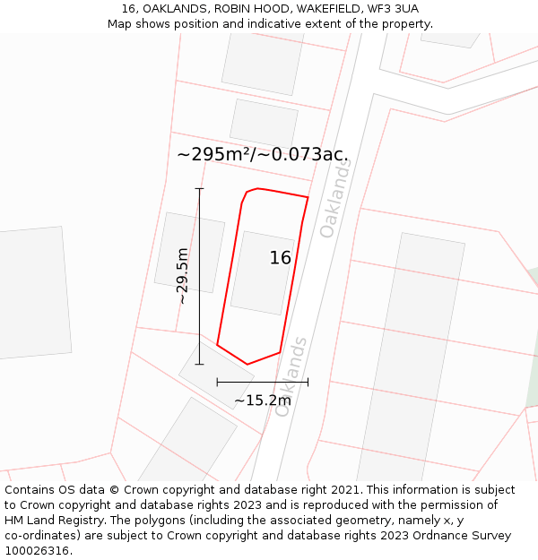 16, OAKLANDS, ROBIN HOOD, WAKEFIELD, WF3 3UA: Plot and title map