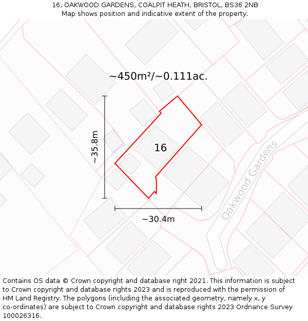 16, OAKWOOD GARDENS, COALPIT HEATH, BRISTOL, BS36 2NB: Plot and title map