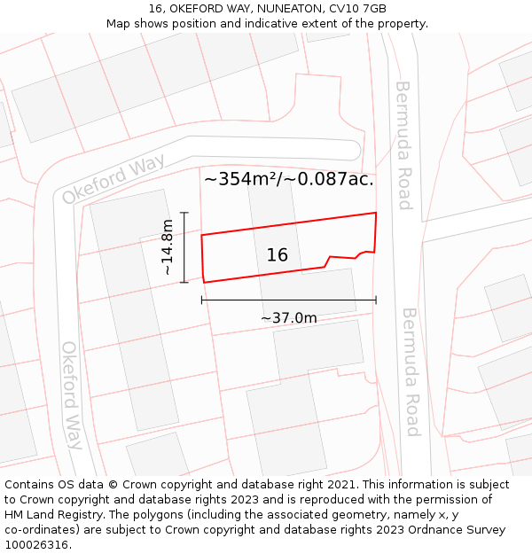 16, OKEFORD WAY, NUNEATON, CV10 7GB: Plot and title map