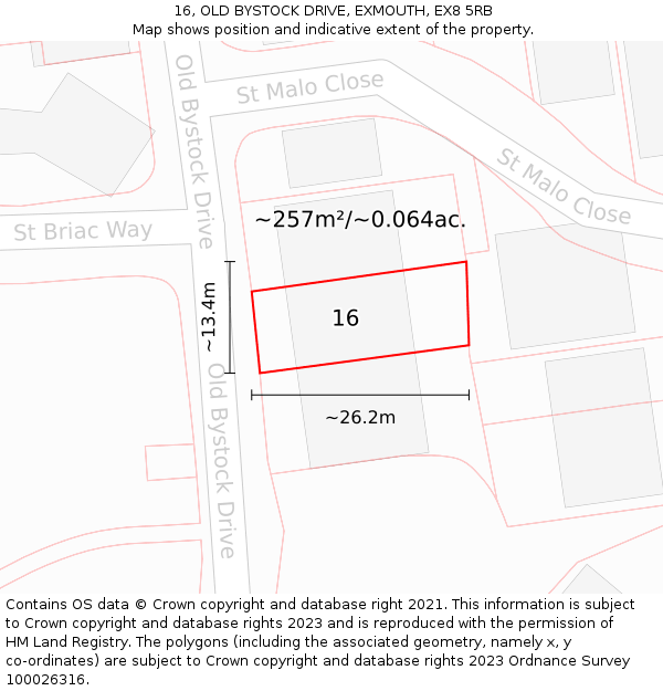 16, OLD BYSTOCK DRIVE, EXMOUTH, EX8 5RB: Plot and title map