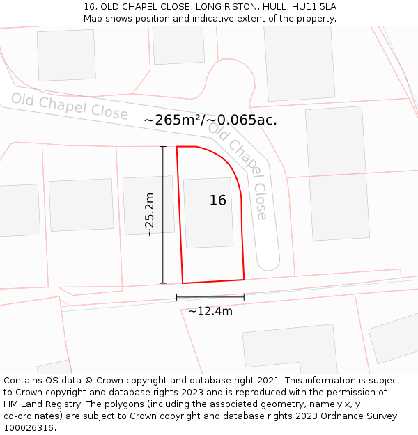 16, OLD CHAPEL CLOSE, LONG RISTON, HULL, HU11 5LA: Plot and title map