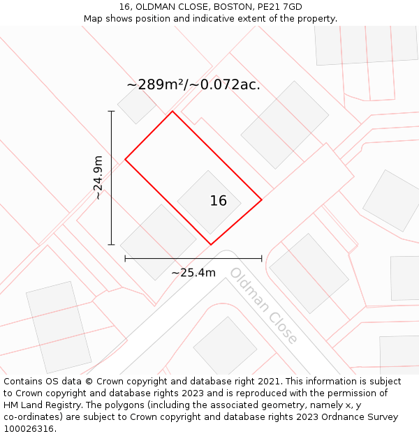 16, OLDMAN CLOSE, BOSTON, PE21 7GD: Plot and title map