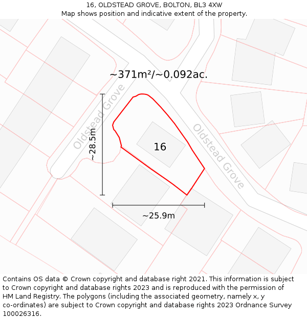 16, OLDSTEAD GROVE, BOLTON, BL3 4XW: Plot and title map