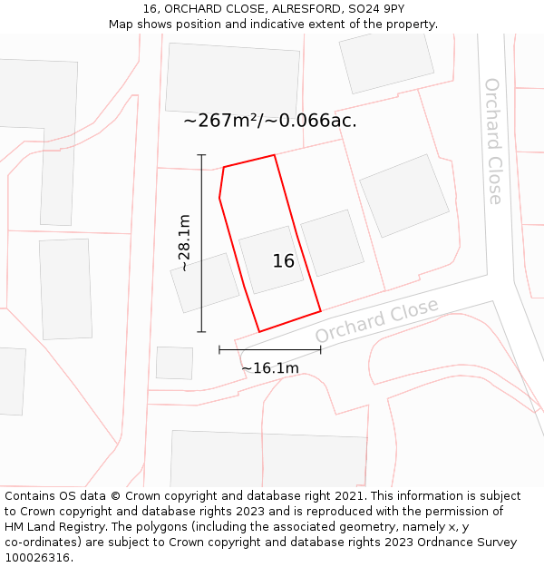 16, ORCHARD CLOSE, ALRESFORD, SO24 9PY: Plot and title map