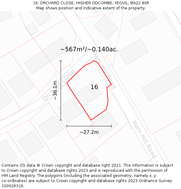 16, ORCHARD CLOSE, HIGHER ODCOMBE, YEOVIL, BA22 8XR: Plot and title map