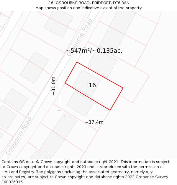 16, OSBOURNE ROAD, BRIDPORT, DT6 3AN: Plot and title map