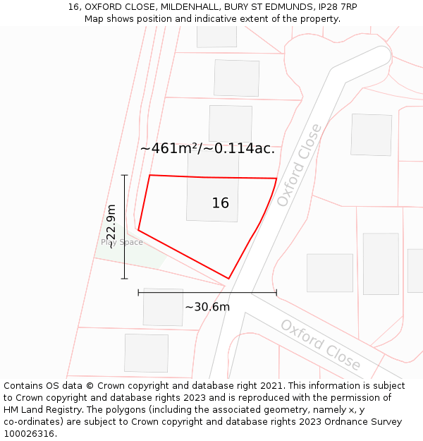 16, OXFORD CLOSE, MILDENHALL, BURY ST EDMUNDS, IP28 7RP: Plot and title map