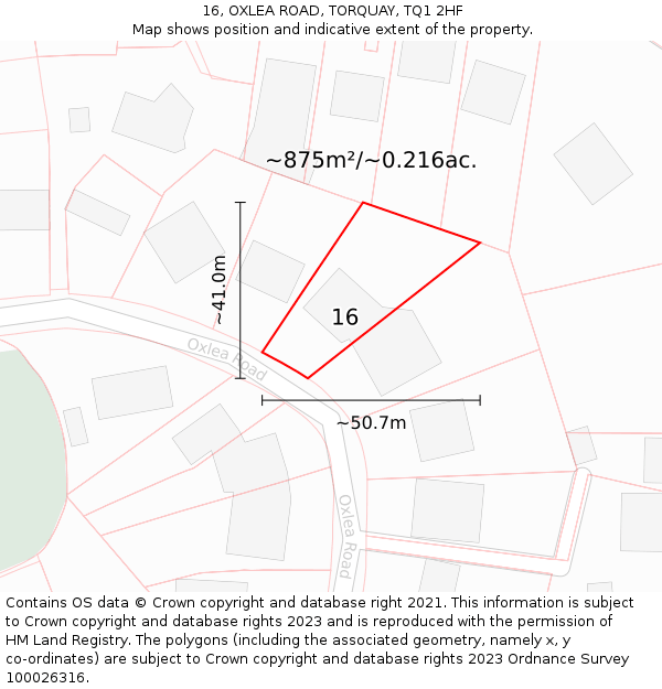 16, OXLEA ROAD, TORQUAY, TQ1 2HF: Plot and title map