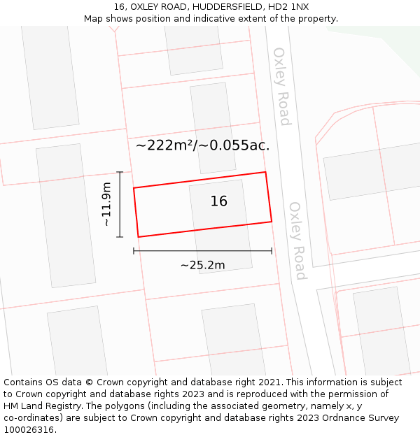 16, OXLEY ROAD, HUDDERSFIELD, HD2 1NX: Plot and title map