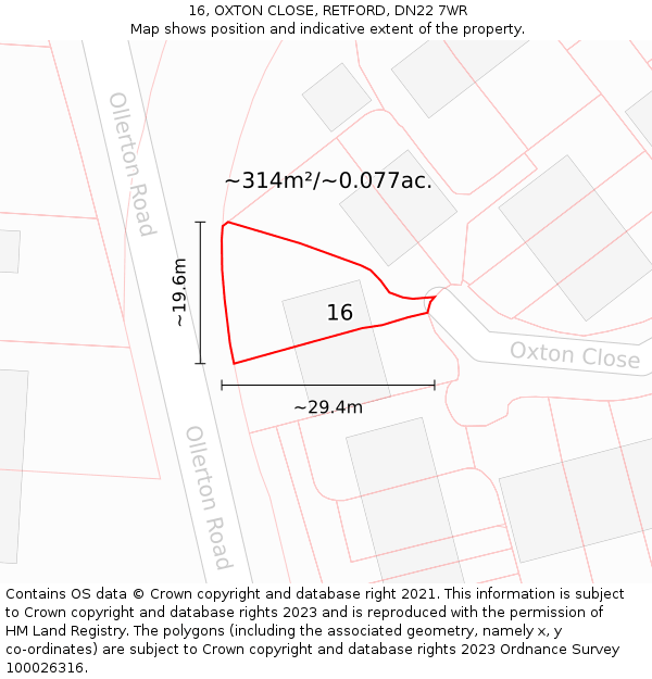 16, OXTON CLOSE, RETFORD, DN22 7WR: Plot and title map