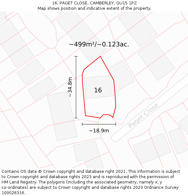 16, PAGET CLOSE, CAMBERLEY, GU15 1PZ: Plot and title map