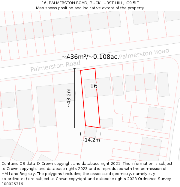 16, PALMERSTON ROAD, BUCKHURST HILL, IG9 5LT: Plot and title map