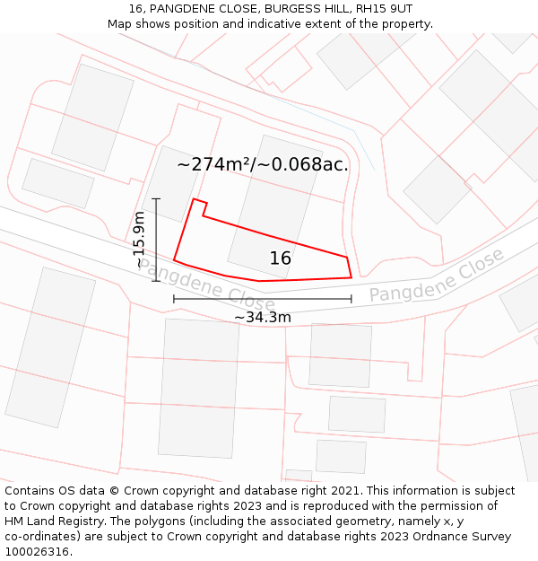 16, PANGDENE CLOSE, BURGESS HILL, RH15 9UT: Plot and title map