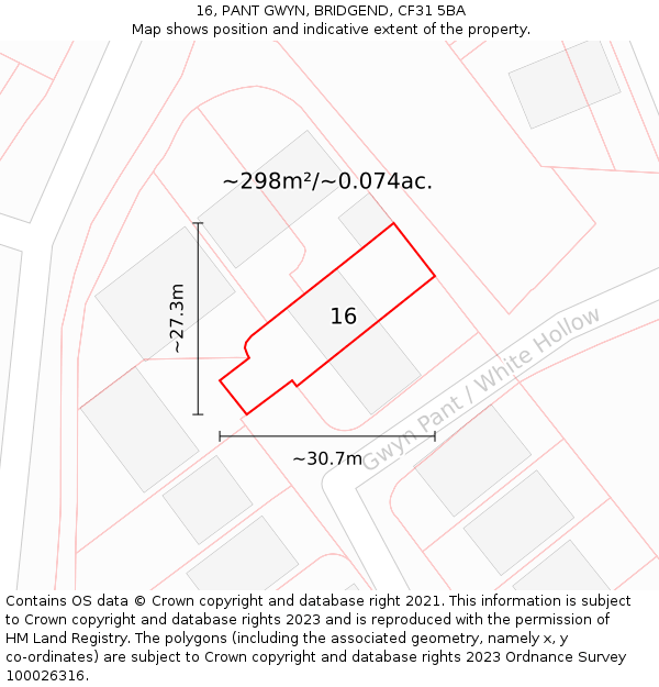 16, PANT GWYN, BRIDGEND, CF31 5BA: Plot and title map