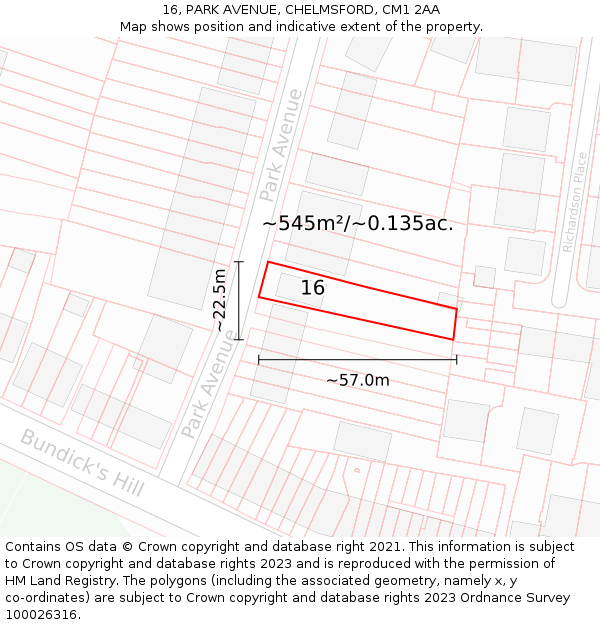 16, PARK AVENUE, CHELMSFORD, CM1 2AA: Plot and title map