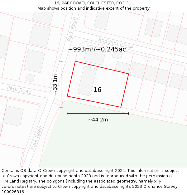 16, PARK ROAD, COLCHESTER, CO3 3UL: Plot and title map
