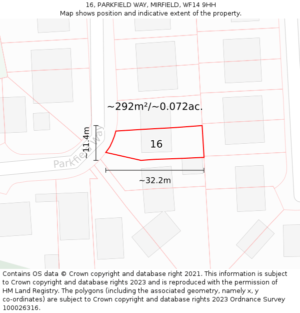 16, PARKFIELD WAY, MIRFIELD, WF14 9HH: Plot and title map