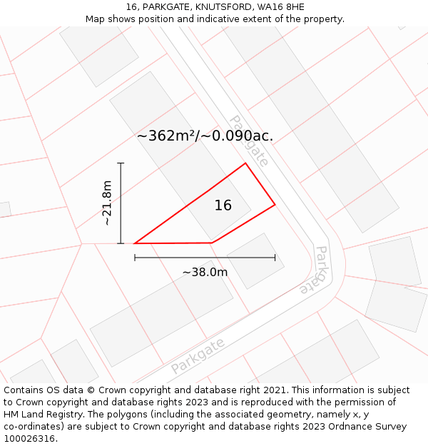 16, PARKGATE, KNUTSFORD, WA16 8HE: Plot and title map