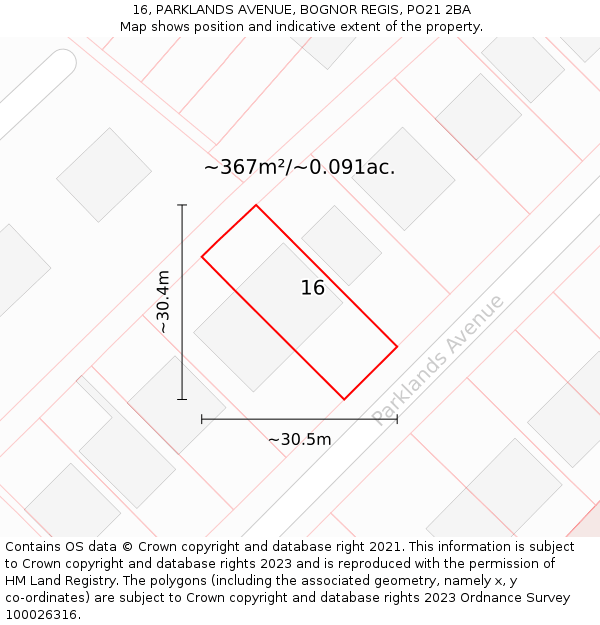 16, PARKLANDS AVENUE, BOGNOR REGIS, PO21 2BA: Plot and title map