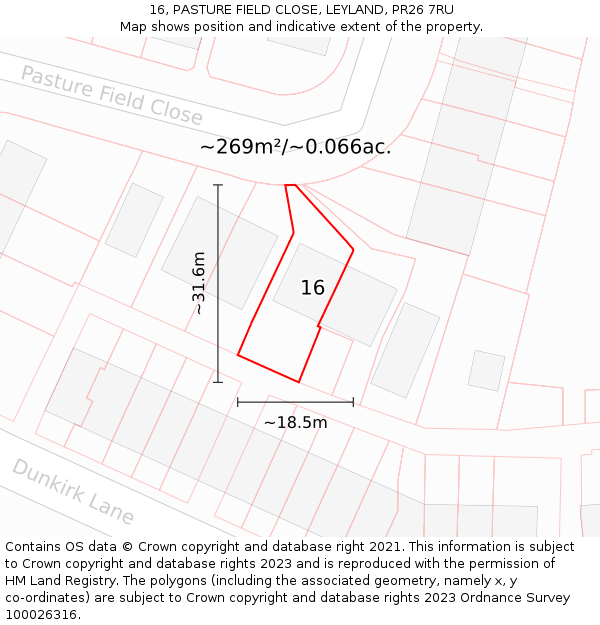 16, PASTURE FIELD CLOSE, LEYLAND, PR26 7RU: Plot and title map