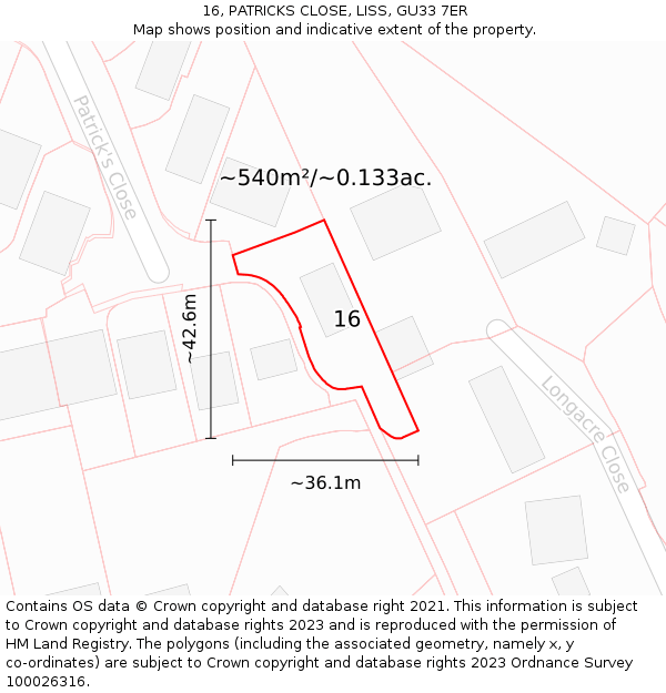 16, PATRICKS CLOSE, LISS, GU33 7ER: Plot and title map