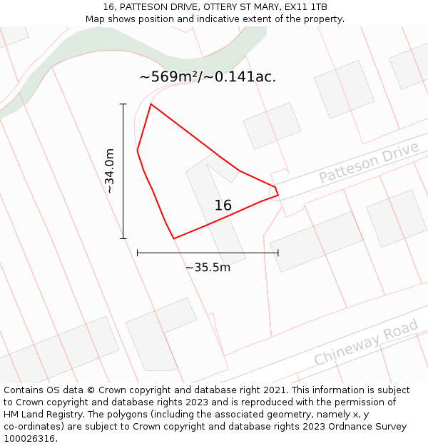 16, PATTESON DRIVE, OTTERY ST MARY, EX11 1TB: Plot and title map