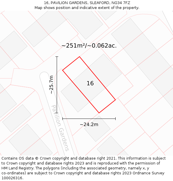 16, PAVILION GARDENS, SLEAFORD, NG34 7FZ: Plot and title map