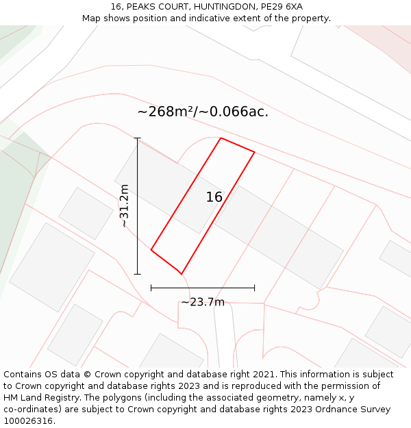 16, PEAKS COURT, HUNTINGDON, PE29 6XA: Plot and title map