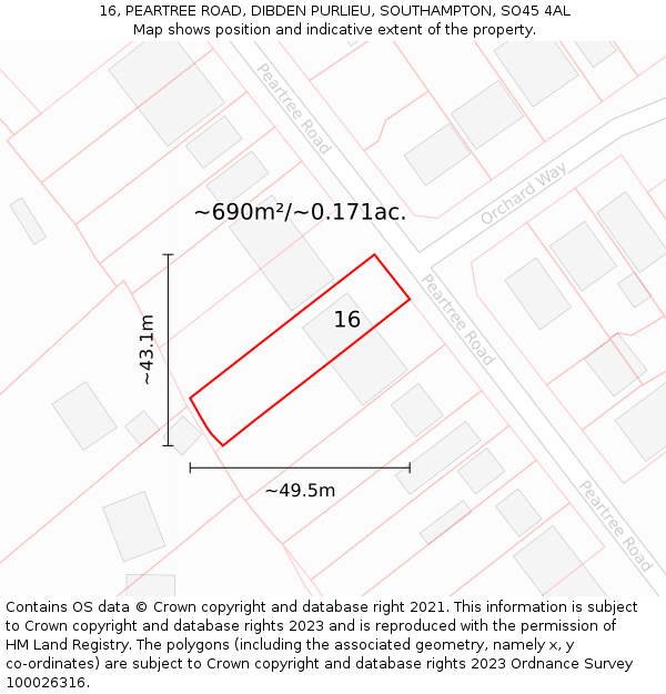 16, PEARTREE ROAD, DIBDEN PURLIEU, SOUTHAMPTON, SO45 4AL: Plot and title map