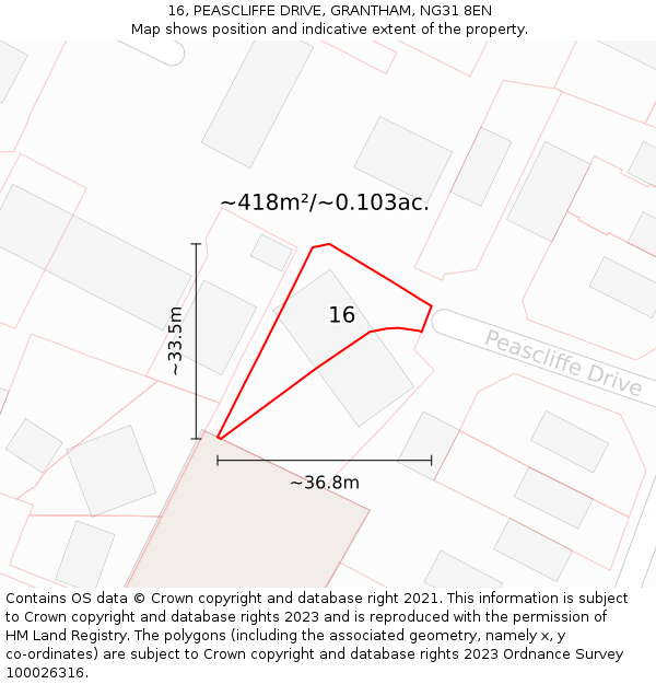 16, PEASCLIFFE DRIVE, GRANTHAM, NG31 8EN: Plot and title map