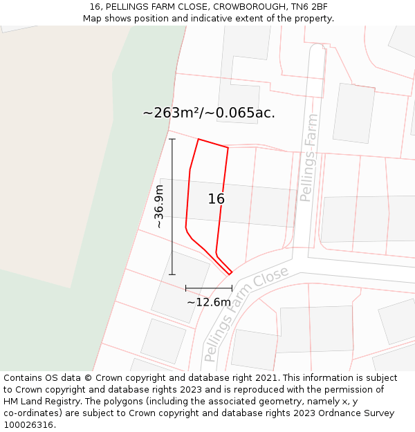 16, PELLINGS FARM CLOSE, CROWBOROUGH, TN6 2BF: Plot and title map