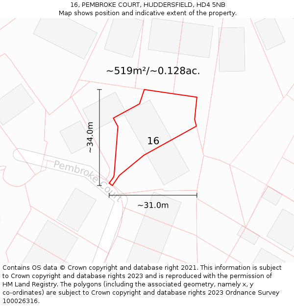 16, PEMBROKE COURT, HUDDERSFIELD, HD4 5NB: Plot and title map