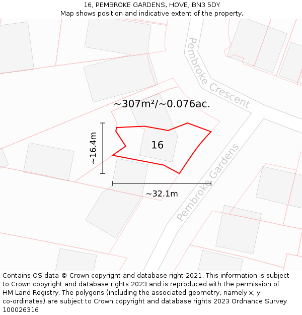 16, PEMBROKE GARDENS, HOVE, BN3 5DY: Plot and title map