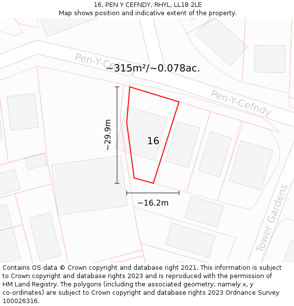 16, PEN Y CEFNDY, RHYL, LL18 2LE: Plot and title map