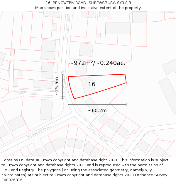 16, PENGWERN ROAD, SHREWSBURY, SY3 8JB: Plot and title map