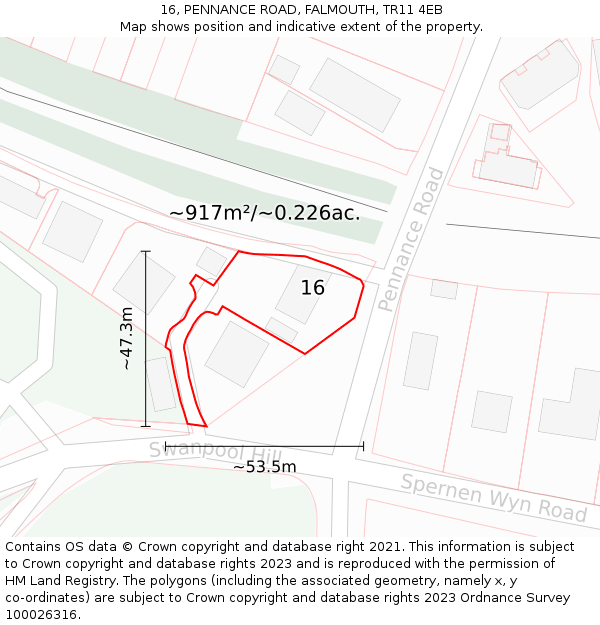 16, PENNANCE ROAD, FALMOUTH, TR11 4EB: Plot and title map