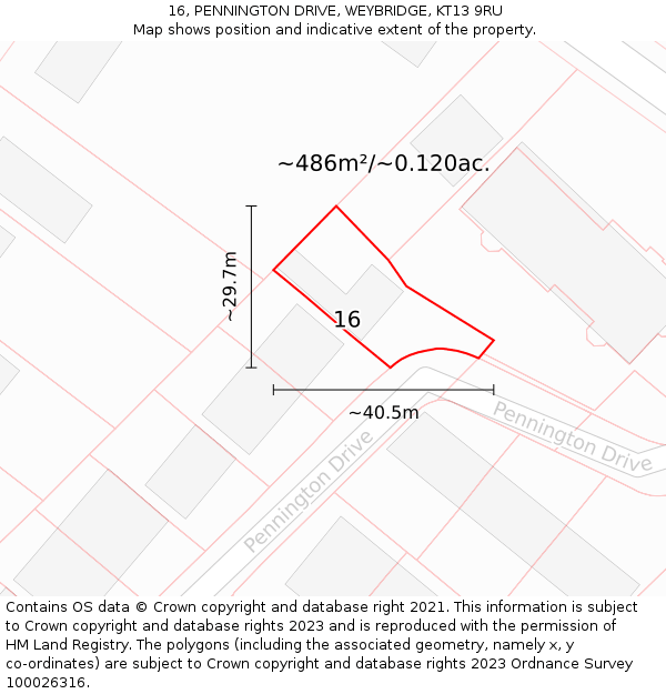 16, PENNINGTON DRIVE, WEYBRIDGE, KT13 9RU: Plot and title map