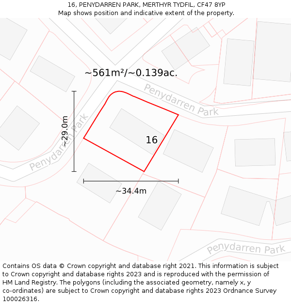 16, PENYDARREN PARK, MERTHYR TYDFIL, CF47 8YP: Plot and title map