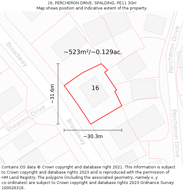 16, PERCHERON DRIVE, SPALDING, PE11 3GH: Plot and title map