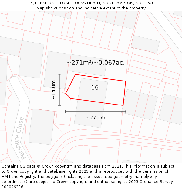 16, PERSHORE CLOSE, LOCKS HEATH, SOUTHAMPTON, SO31 6UF: Plot and title map