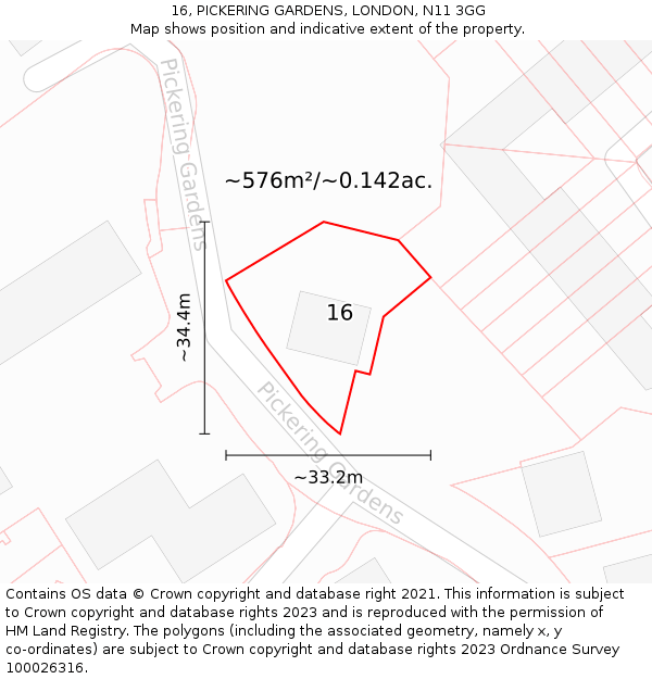 16, PICKERING GARDENS, LONDON, N11 3GG: Plot and title map