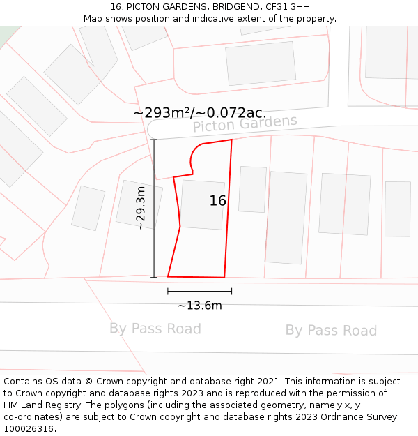 16, PICTON GARDENS, BRIDGEND, CF31 3HH: Plot and title map