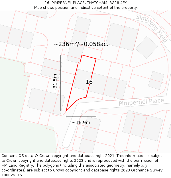 16, PIMPERNEL PLACE, THATCHAM, RG18 4EY: Plot and title map