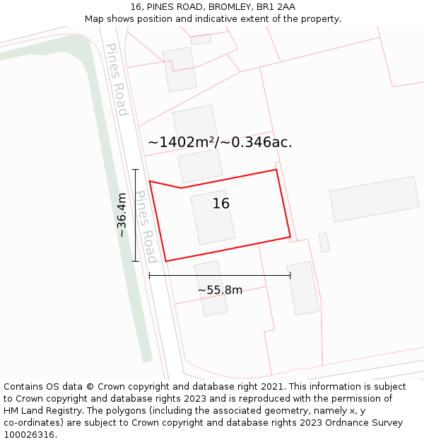 16, PINES ROAD, BROMLEY, BR1 2AA: Plot and title map