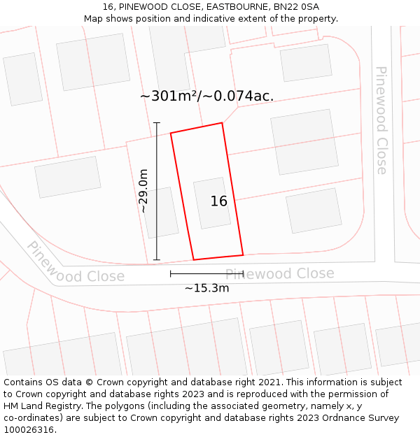 16, PINEWOOD CLOSE, EASTBOURNE, BN22 0SA: Plot and title map