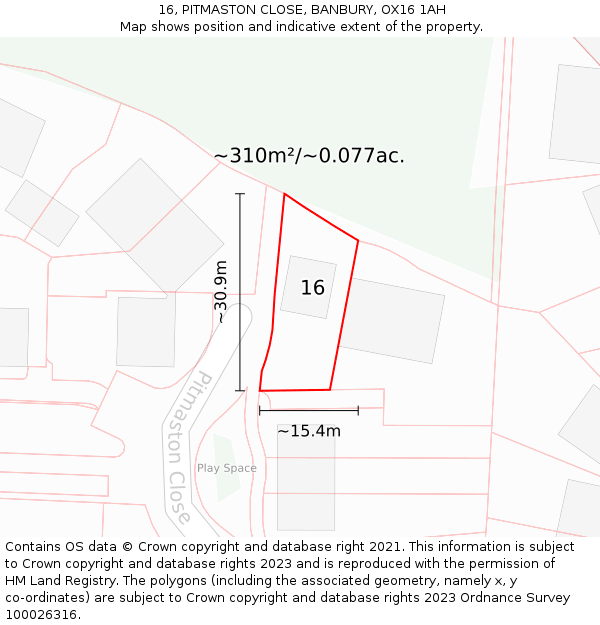 16, PITMASTON CLOSE, BANBURY, OX16 1AH: Plot and title map