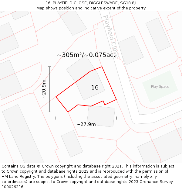 16, PLAYFIELD CLOSE, BIGGLESWADE, SG18 8JL: Plot and title map