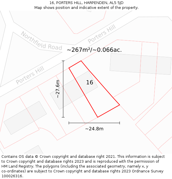 16, PORTERS HILL, HARPENDEN, AL5 5JD: Plot and title map