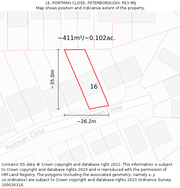 16, PORTMAN CLOSE, PETERBOROUGH, PE3 9RJ: Plot and title map